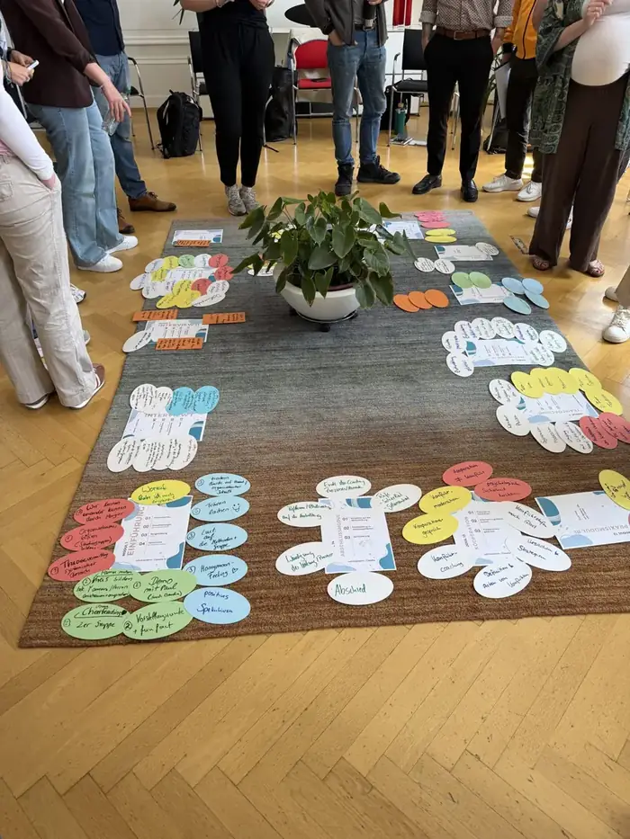 Die Lernreise der Coaching-Ausbildung Leipzig, zum Abschluss in Modul 14 mit Karten am Boden ausgelegt