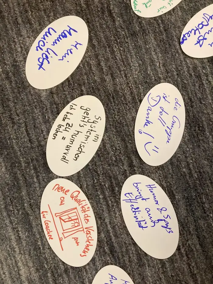 Handbeschriebene Karten aus der Abschlussrunde von Modul 4 der Coaching-Ausbildung in Leipzig
